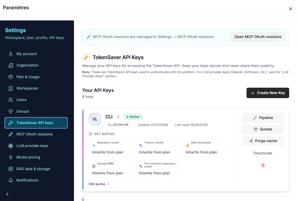 Console — liste des clés TokenSaver
